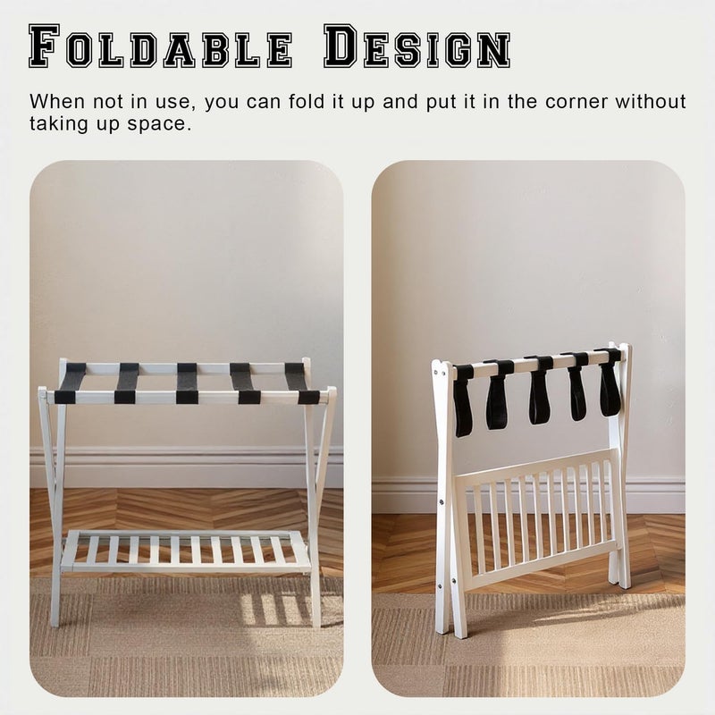 GAOHAPY Bamboo Luggage Rack with Shoe Shelf Folding Suitcase Stand with 5 Heavy-Duty Straps for Guest Room Living Room Hotel Ideal Luggage Holder for Suitcases Bags Shoes,White - Image 3